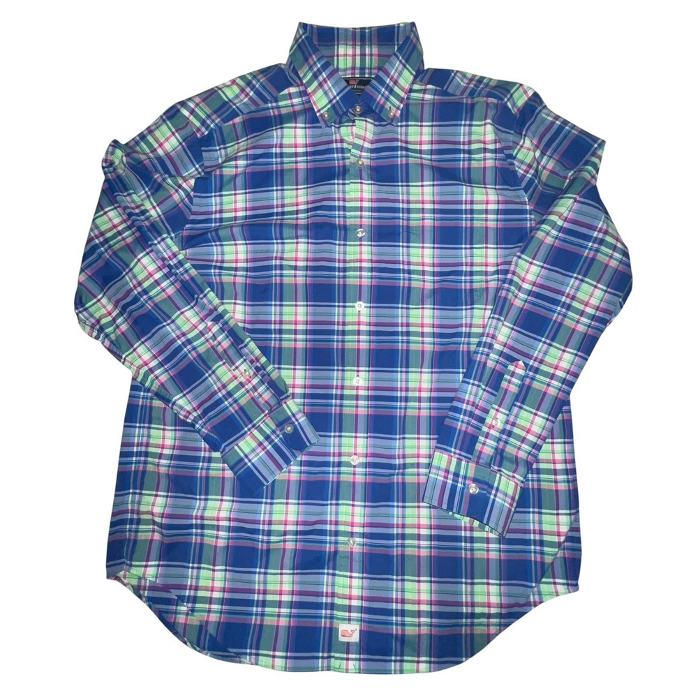 Vineyard Vines Performance Shirt Men Classic Fit Murray Blue Pink Plaid Long Lg
